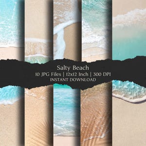 May include: A digital art print showcasing ten beach scenes with turquoise water and sandy shores. The text "Salty Beach" is displayed, along with file and size information: 12x12 Inch, 300 DPI. The words "Instant Download" are also visible.