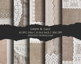 Linen & Lace Digital Paper Kit 8.5x11 Inch, 10 Digital INSTANT DOWNLOAD Hi-Res JPEG for Junk Journal, Scrapbooking and  Printable Crafts