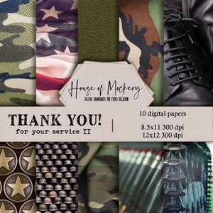 Thank You For Your Service II Digital Scrapbook Paper Kit 8.5x11 and 12x12, 10 Digital INSTANT DOWNLOAD High Definition Military Theme Paper