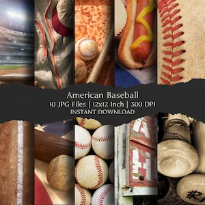 Kit de Papel Digital de Beisebol Americano 12 x 12 Polegadas, 10 Arquivos JPEG de Alta Resolução para Download Instantâneo, Ideal para Diários de Arte, Scrapbooking e Artesanato Imprimível.