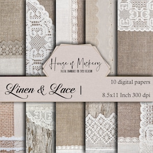 Kit de papel para scrapbook digital com texturas de linho e renda 8,5 x 11 polegadas, 10 papéis digitais de alta definição para download instantâneo, pacote de papel de linho neutro