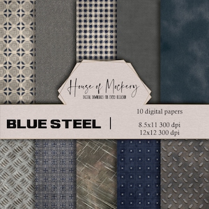 Blue Steel Rough Digital Scrapbook Paper Kit 8.5x11 and 12x12, 10 Digital INSTANT DOWNLOAD High Definition Papers, Masculine Scrapbook Paper