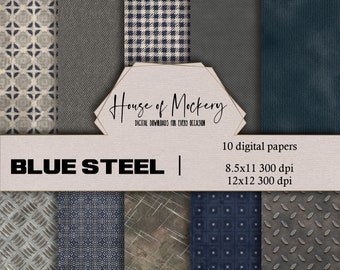 Blue Steel Rough Digital Scrapbook Paper Kit 8.5x11 and 12x12, 10 Digital INSTANT DOWNLOAD High Definition Papers, Masculine Scrapbook Paper