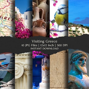 May include: A collage of images featuring Greece. Includes a map, architecture, flowers, pottery, a bird, and a statue. The text reads "Visiting Greece" and "10 JPG Files | 12x12 Inch | 300 DPI | INSTANT DOWNLOAD".