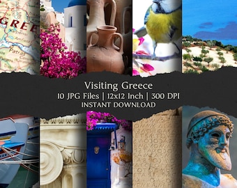 Visiting Greece Digital Paper Kit 12x12 Inch, 10 Digital INSTANT DOWNLOAD Hi-Res JPEGs for Junk Journals, Scrapbooking & Printable Crafts
