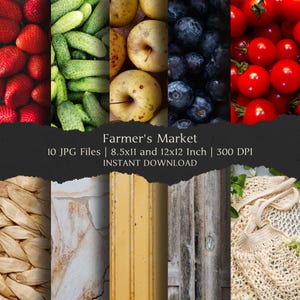 Puede incluir: Una colección digital titulada Farmer's Market con 10 archivos JPG en tamaños de 21,59x27,94 cm y 30,48x30,48 cm a 300 DPI. La imagen muestra un collage de productos frescos, fresas, pepinos, manzanas, arándanos y tomates, junto a texturas de material trenzado, piedra, madera amarilla, madera desgastada y una bolsa de ganchillo.