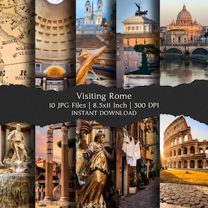 Op de afbeelding: Een digitale collage van tien afbeeldingen met als thema Rome, met historische bezienswaardigheden zoals het Colosseum, het Pantheon en de Sint-Pietersbasiliek. De tekst luidt Visiting Rome, 10 JPG Files, 21,59x27,94 cm, 300 DPI, en INSTANT DOWNLOAD.