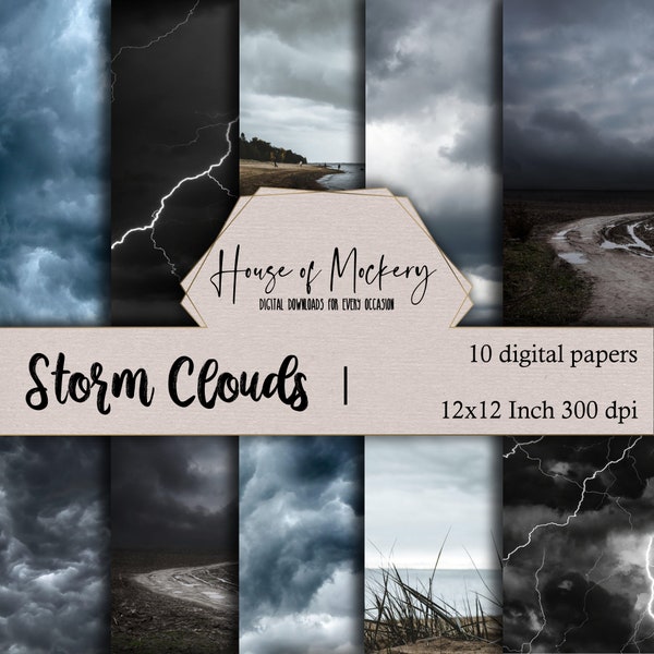 Storm Clouds Digital Scrapbook Paper Kit 12x12 Inches, 10 Digital INSTANT DOWNLOAD High Definition Papers, Weather Themed Scrapbook Paper