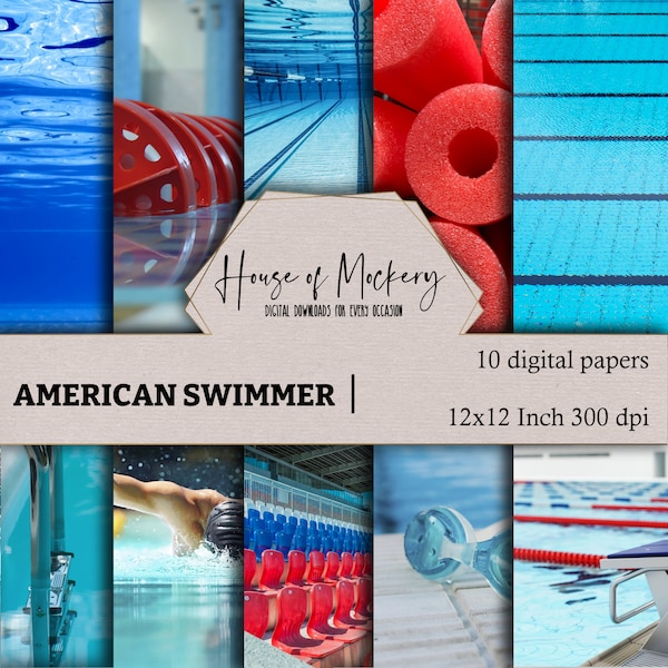 American Swimmer Digital Scrapbook Paper Kit/12x12, 10 Digital INSTANT DOWNLOAD High Definition Papers, Sports Theme Digi Scrapbook Paper