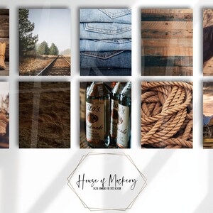 May include: A collection of ten rectangular images featuring cowboy boots, railroad tracks, folded denim jeans, wooden planks, a horse head, a saddle, dirt, Tito's Handmade Vodka bottles, coiled rope, and a barn, with the text House of Mockery below.