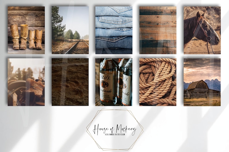 May include: A collection of ten rectangular images featuring cowboy boots, railroad tracks, folded denim jeans, wooden planks, a horse head, a saddle, dirt, Tito's Handmade Vodka bottles, coiled rope, and a barn, with the text House of Mockery below.