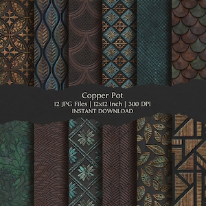 Puede incluir: Una colección digital de 12 archivos JPG titulada Copper Pot, que presenta varios patrones texturizados en tonos cobre, bronce, verde oscuro y negro. Los diseños incluyen formas geométricas, motivos de hojas, escamas y texturas de sombreado cruzado.