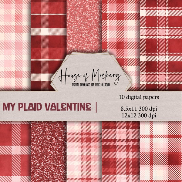 My Plaid Valentine Digital Scrapbook Paper Kit 8.5x11 and 12x12, Digital INSTANT DOWNLOAD HD Papers, Pink & Red Plaid Scrapbook Paper