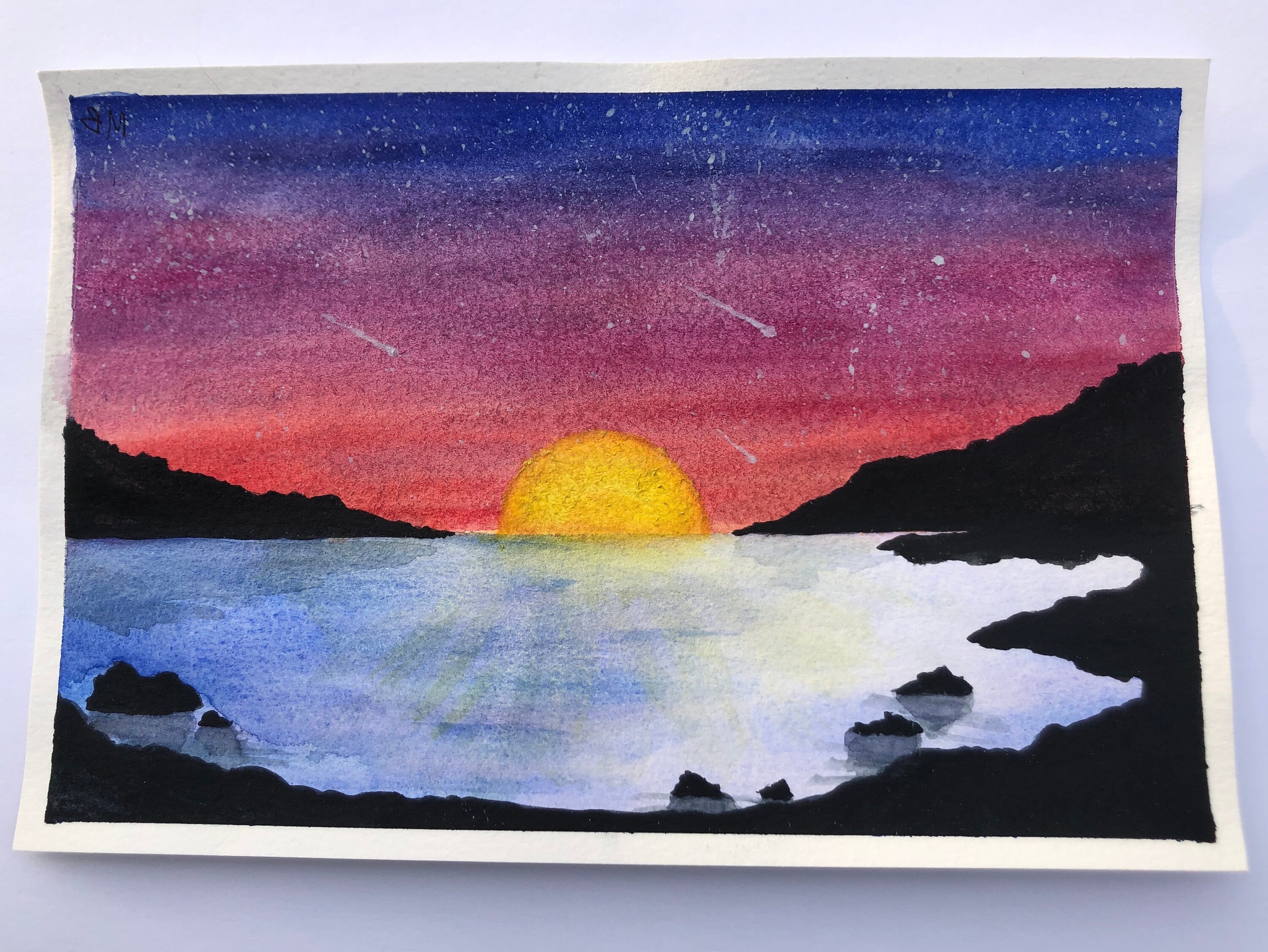 Night Sky/sunset Watercolor Paintingbeach With Sunset Starry - Etsy