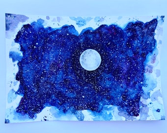 Galaxy watercolor painting+ dark starry night sky+ wall decor+ art