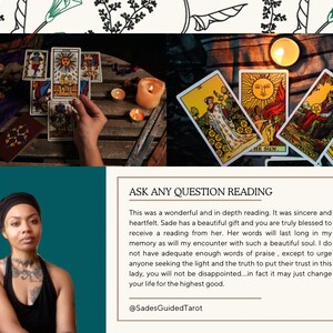 Può includere: Immagine con carte dei tarocchi, candele accese e una persona. Le carte sono disposte su una superficie di legno. Il testo "ASK ANY QUESTION READING" è visibile. L'immagine include anche una persona con tatuaggi.