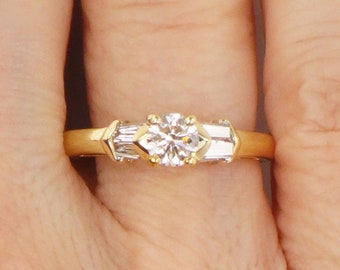 Vintage 18k Diamond Engagement Ring Round Diamond Ring with Baguettes Yellow Gold Engagement Ring Approx. .35 Carat Center Stone Size 6 3/4