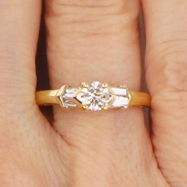 Vintage 18k Diamond Engagement Ring Round Diamond Ring with Baguettes Yellow Gold Engagement Ring Approx. .35 Carat Center Stone Size 6 3/4