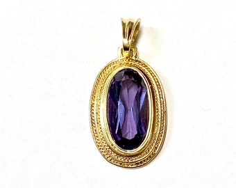 Vintage 14K Yellow Gold Purple Stone Charm, Large Purple Sapphire Pendant, February Birthstone, Oval Deep Purple Amethyst Color Pendant