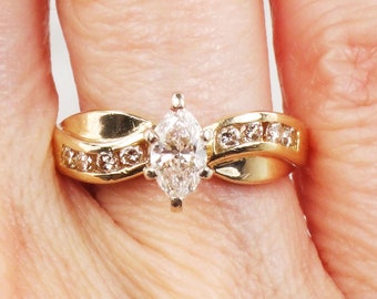Vintage 14k Diamond Engagement Ring Marquise Diamond Ring Marquise Engagement Ring Approx. Over 1/2 Carat TDW Yellow Gold  Size 6