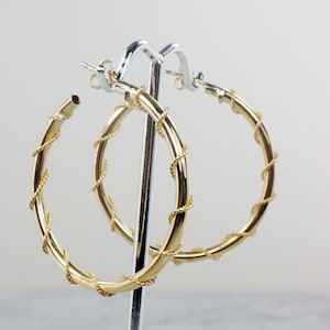Vintage Large 14k Gold Hoop Earrings, 14k Yellow Gold Earrings, Gold Twisted Wire Hoop Earrings, 1 1/2 14k Gold Hoops image 1