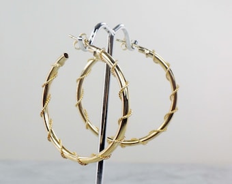 Vintage Large 14k Gold Hoop Earrings, 14k Yellow Gold Earrings, Gold Twisted Wire Hoop Earrings, 1 1/2" 14k Gold Hoops