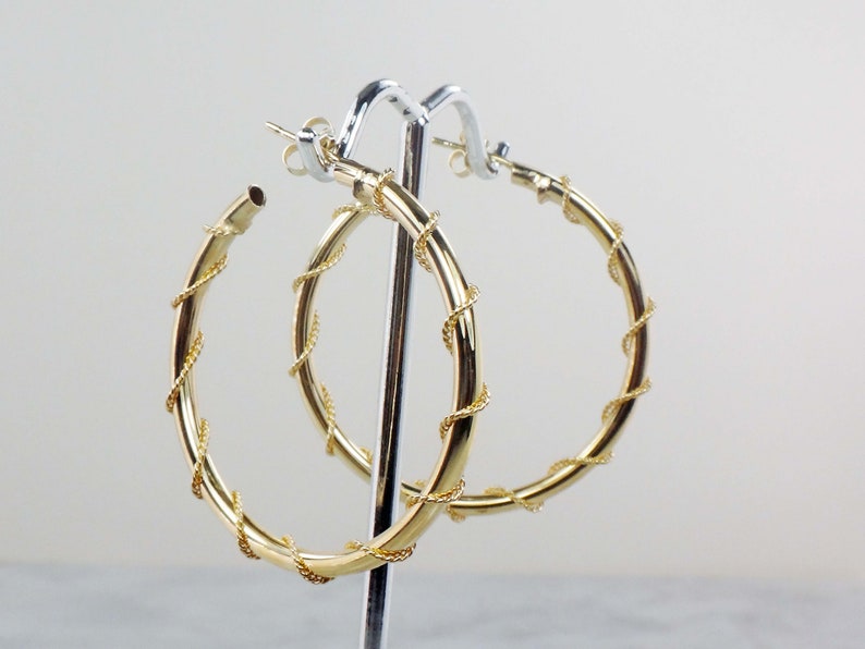 Vintage Large 14k Gold Hoop Earrings, 14k Yellow Gold Earrings, Gold Twisted Wire Hoop Earrings, 1 1/2 14k Gold Hoops image 1