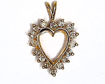 Vintage 14k Diamond Heart Pendant , Yellow Gold Open Heart Pendant, Genuine Diamond Heart Charm, Natural Diamond Pendant Approx .50 cts