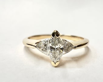 Vintage 14k Natural Diamond 3 Stone Engagement Ring,  Marquise Cut Diamond Ring, Side Trillion Cut Diamonds  Size 6 3/4