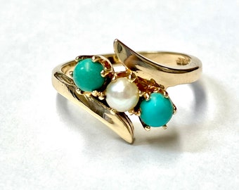 Vintage Gold Pearl and Turquoise Ring Yellow Gold Cultured Pearl and turquoise Ring 10k Right Hand Ring Statement Ring Bridal Size 6 3/4