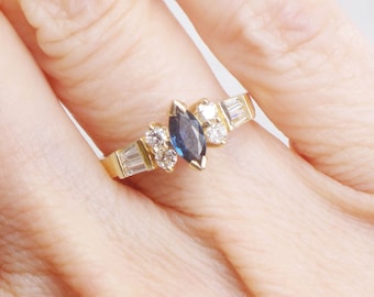 Vintage 14k Gold Blue Sapphire and Diamond Ring, Solid Gold Marquise Sapphire Ring with Diamond Baguettes September Birthstone Ring Size 5.5