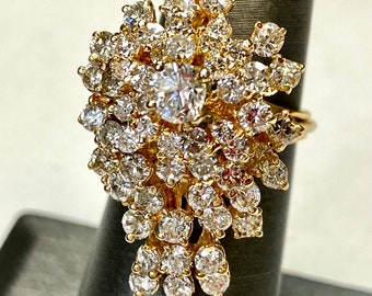 Vintage 14k Natural Diamond Cocktail Statement Ring Large Diamond Cluster Ring Size 6 1/2 approximately 3.0 carats TDW