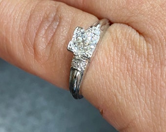Vintage 18k White Gold Diamond Engagement Ring - Old Mine Cut Diamond Ring - Solitaire Engagement Ring - Size 3