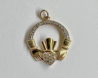 Vintage 14k Gold and Natural Diamond Claddaugh Pendant Gold  Claddaugh Charm