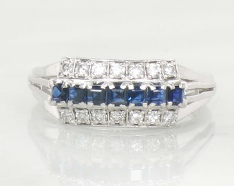 Vintage Platinum Diamond and Sapphire Ring, Size 7.75