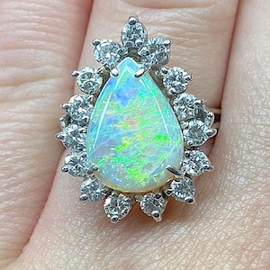 Vintage 14k Opal Ring Diamond Opal Ring Opal and Diamond Ring October Birthstone Natural Opal Ring Statement Ring Diamond Halo Ring
