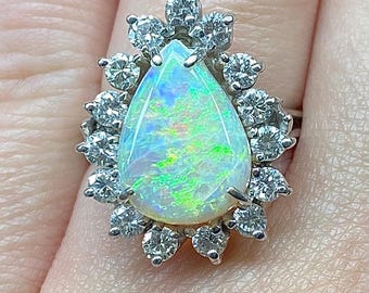 Vintage 14k Gold Opal & Diamond Halo Ring - October Birthstone