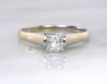 Vintage 18k Diamond Engagement Ring Princess Cut Diamond Ring Solitaire Engagement Ring .53 Carat White Gold Size 8 1/2 Square Diamond