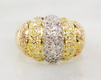 Vintage 18k Diamond Ring Tri Color Gold Diamond Cluster Ring Gold Dome Diamond Ring Statement Diamond Ring Approx. .75 Carats Size 7.75