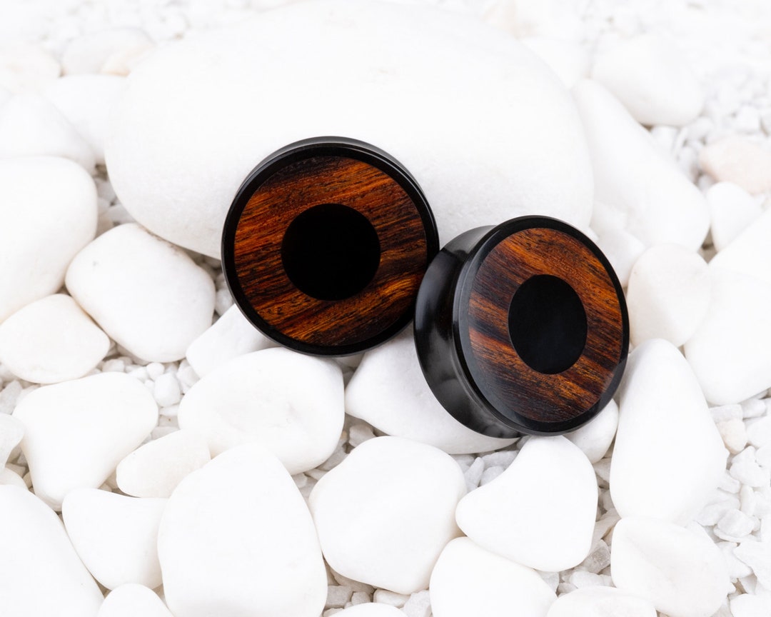 Black Ear Plugs, Ebonite Black Plugs With Ironwood Inlaid, Tunnels and