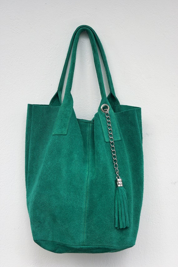 Tote Leather Bag EMERALD GREEN Suede Bag Womens Leather BAG | Etsy