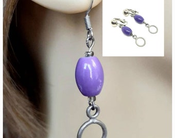Purple Drop Earrings, Clip or Pierced, Long Drop Earrings, Dangle Earrings, Purple Clip Earrings, Comfortable Clip on Earrings