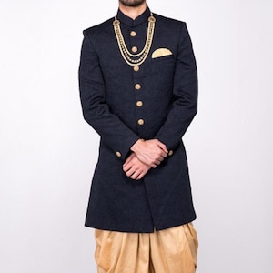 Custom Navy Blue Sherwani: Men&#39;s Wedding Achkan Prince Coat