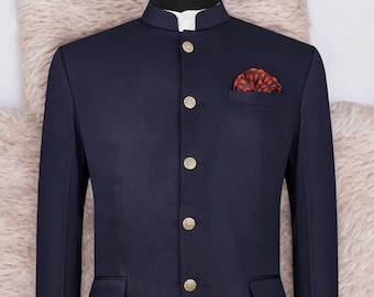 Handmade Navy Blue Lycra Jodhpuri Suit: Elegant Indian Attire