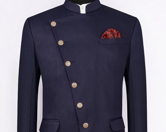 Elegant Navy Blue Lycra Jodhpuri Suit: Handmade Indian Attire