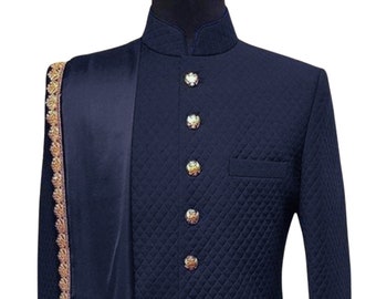 Quilted Silk Sherwani Indo Western Suit: Navy Blue Wedding Bandhgala