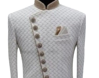 Angrakha Sherwani: White Velvet Indo Western Wedding Outfit