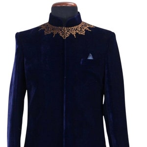 Mens Navy Blue Velvet Sherwani: Indian Wedding Suit