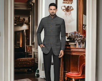 Traje Jodhpuri a cuadros de tweed para hombre: chaqueta y pantalones con cuello Nehru