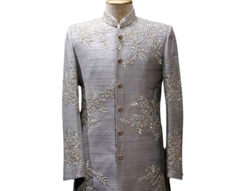 Individuell gestickte Hochzeit Sherwani: Graue indische ethnische Abnutzung